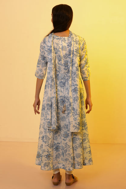 White Floral Printed Flared Kurta, Tights and Dupatta Set