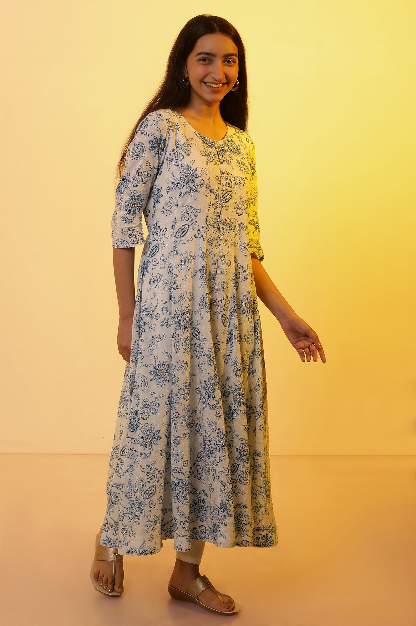 White Floral Printed Flared Kurta, Tights and Dupatta Set