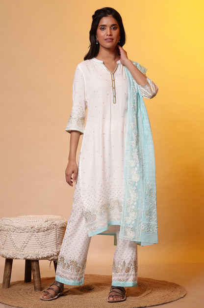 White Floral Foil Printed Kurta, Palazzo and Dupatta Set