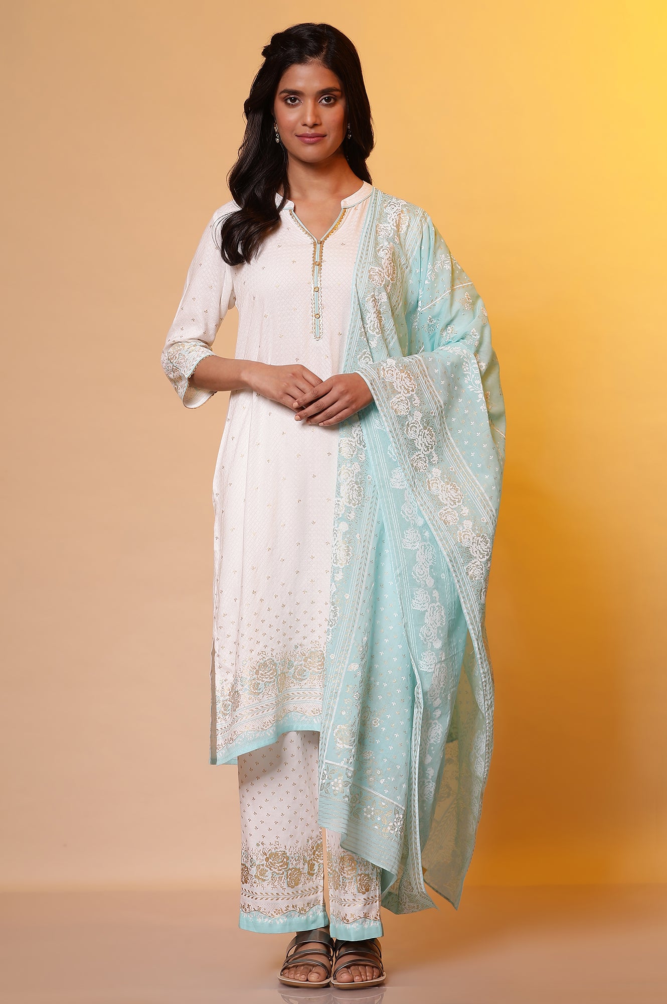 White Floral Foil Printed Kurta, Palazzo and Dupatta Set