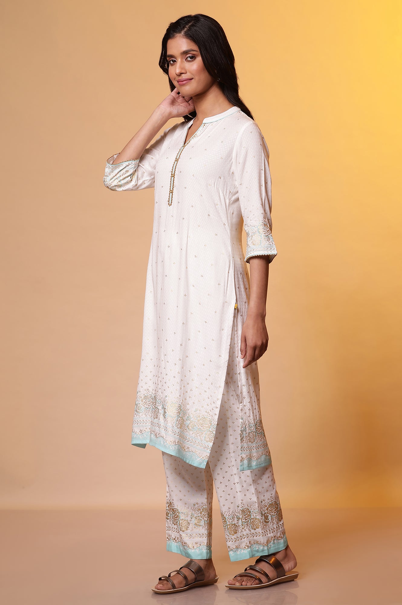 White Floral Foil Printed Kurta, Palazzo and Dupatta Set