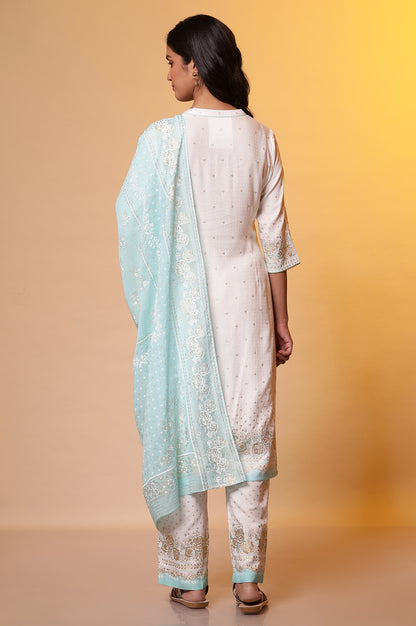 White Floral Foil Printed Kurta, Palazzo and Dupatta Set