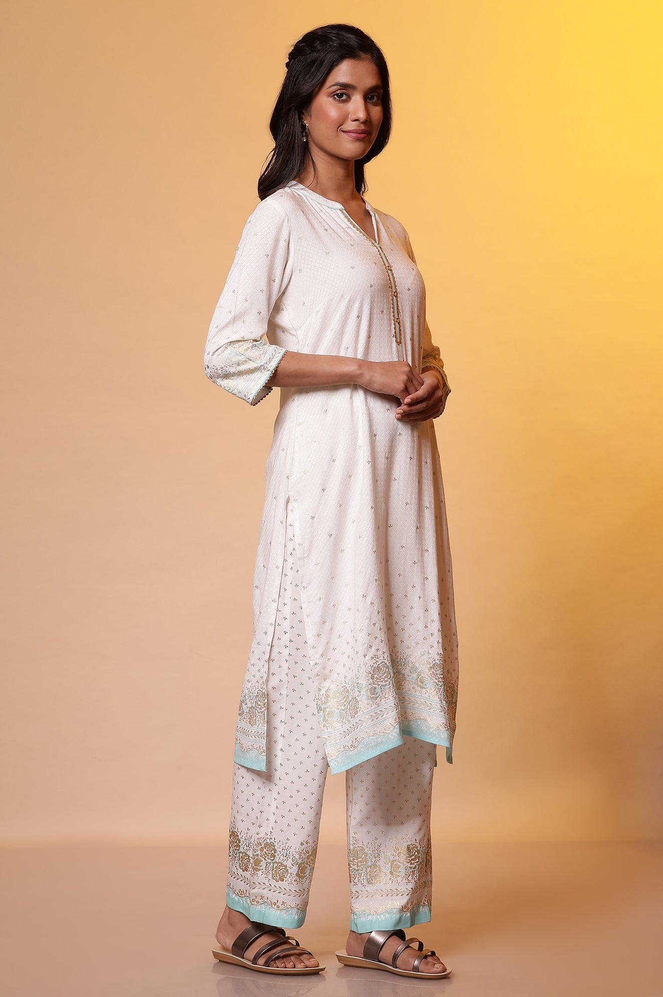 White Floral Foil Printed Kurta, Palazzo and Dupatta Set