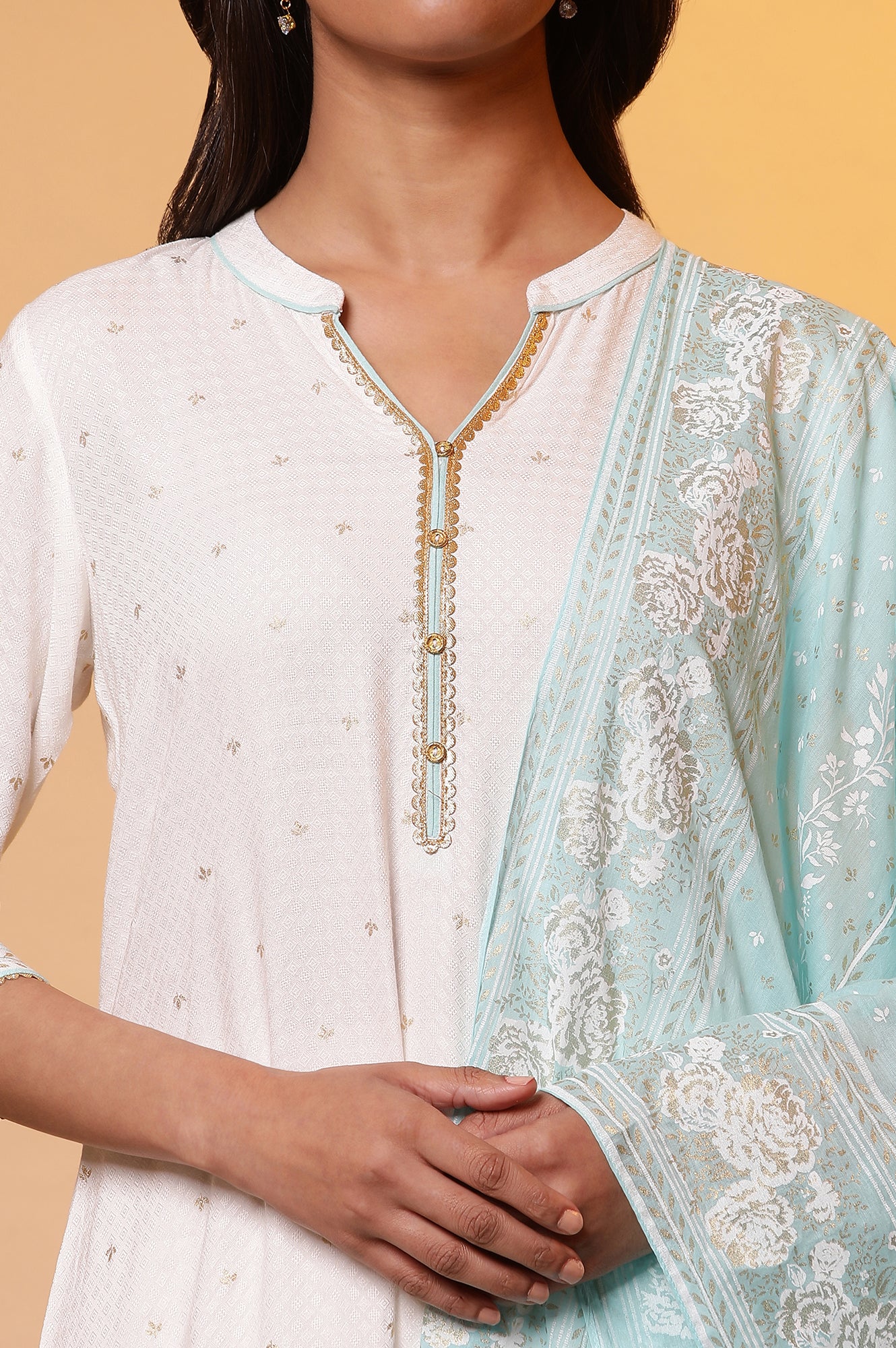 White Floral Foil Printed Kurta, Palazzo and Dupatta Set