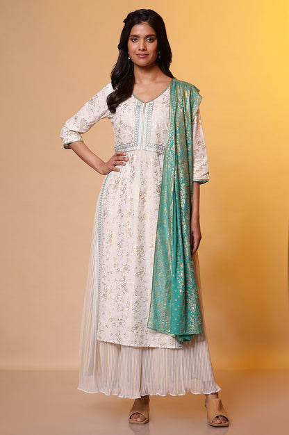 White Floral Printed High-Slit Kurta, Pleated Skirt and Dupatta Set