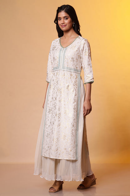 White Floral Printed High-Slit Kurta, Pleated Skirt and Dupatta Set