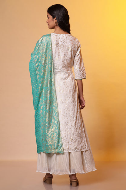 White Floral Printed High-Slit Kurta, Pleated Skirt and Dupatta Set