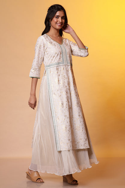 White Floral Printed High-Slit Kurta, Pleated Skirt and Dupatta Set