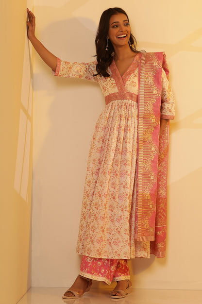 White Floral Printed Festive Kurta, Palazzo and Dupatta Set