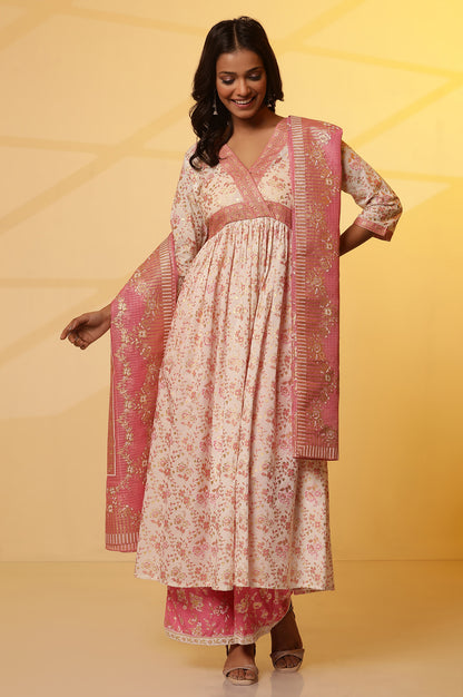 White Floral Printed Festive Kurta, Palazzo and Dupatta Set