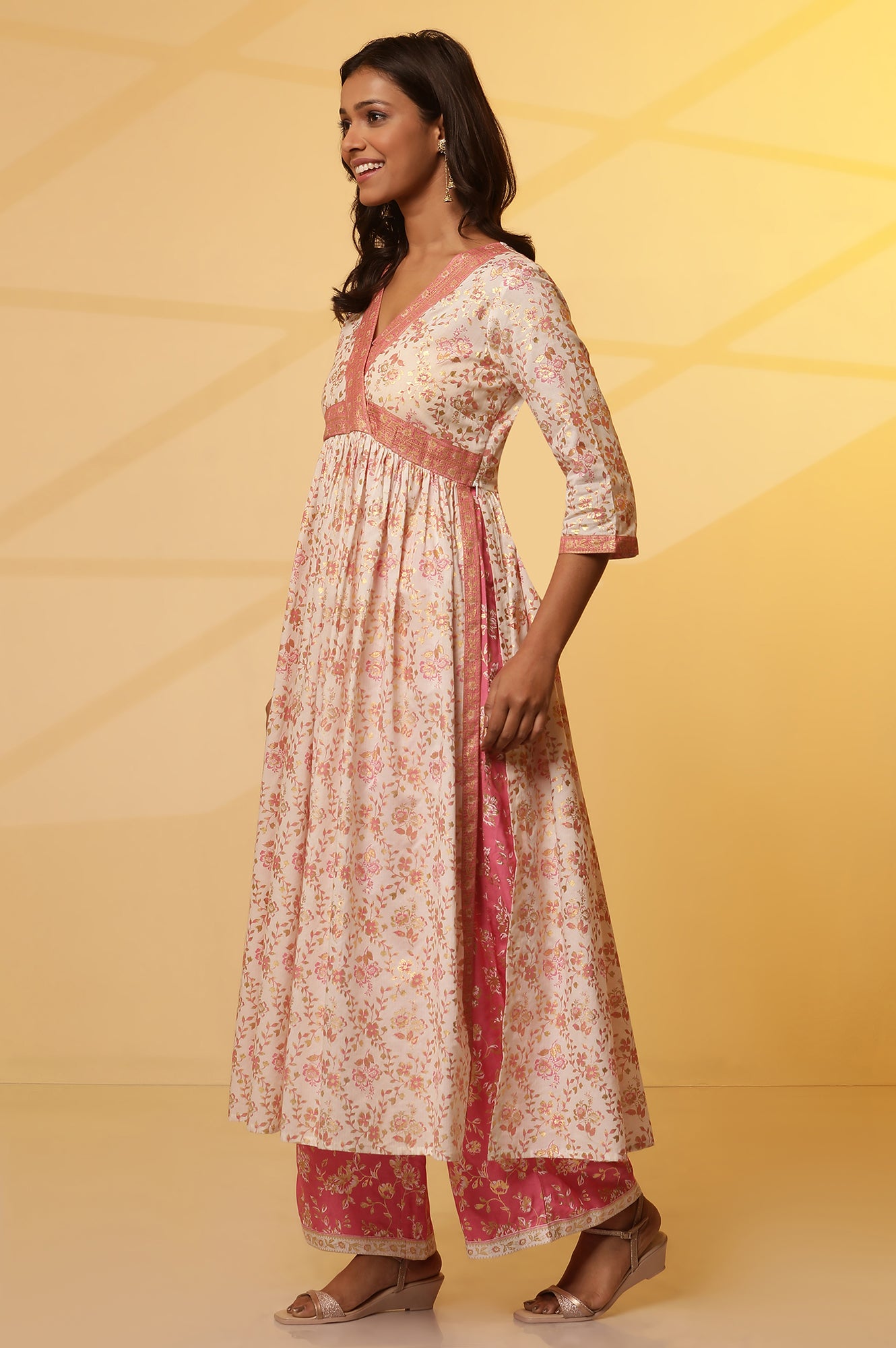 White Floral Printed Festive Kurta, Palazzo and Dupatta Set