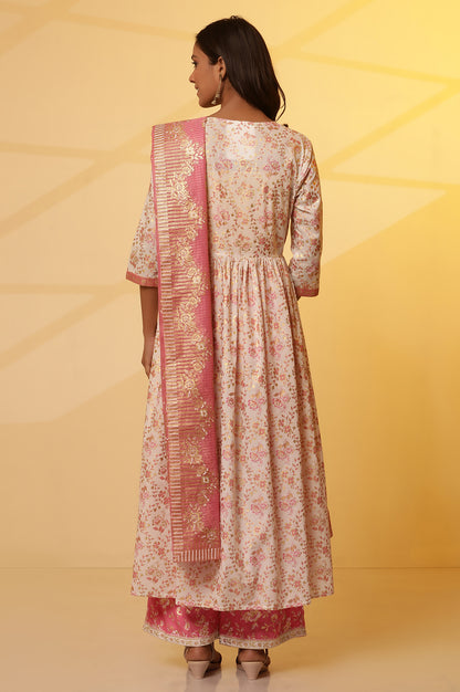 White Floral Printed Festive Kurta, Palazzo and Dupatta Set