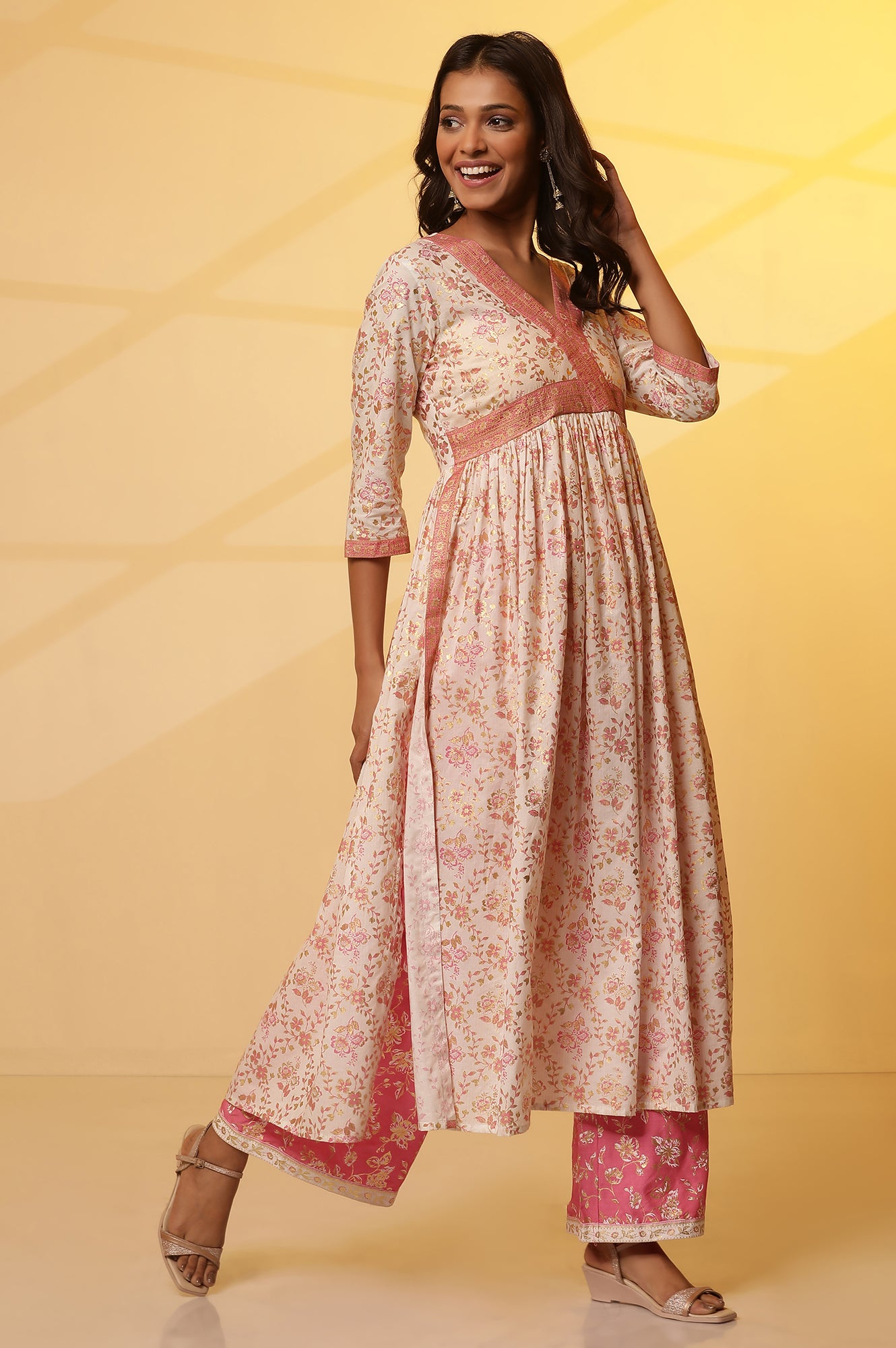 White Floral Printed Festive Kurta, Palazzo and Dupatta Set