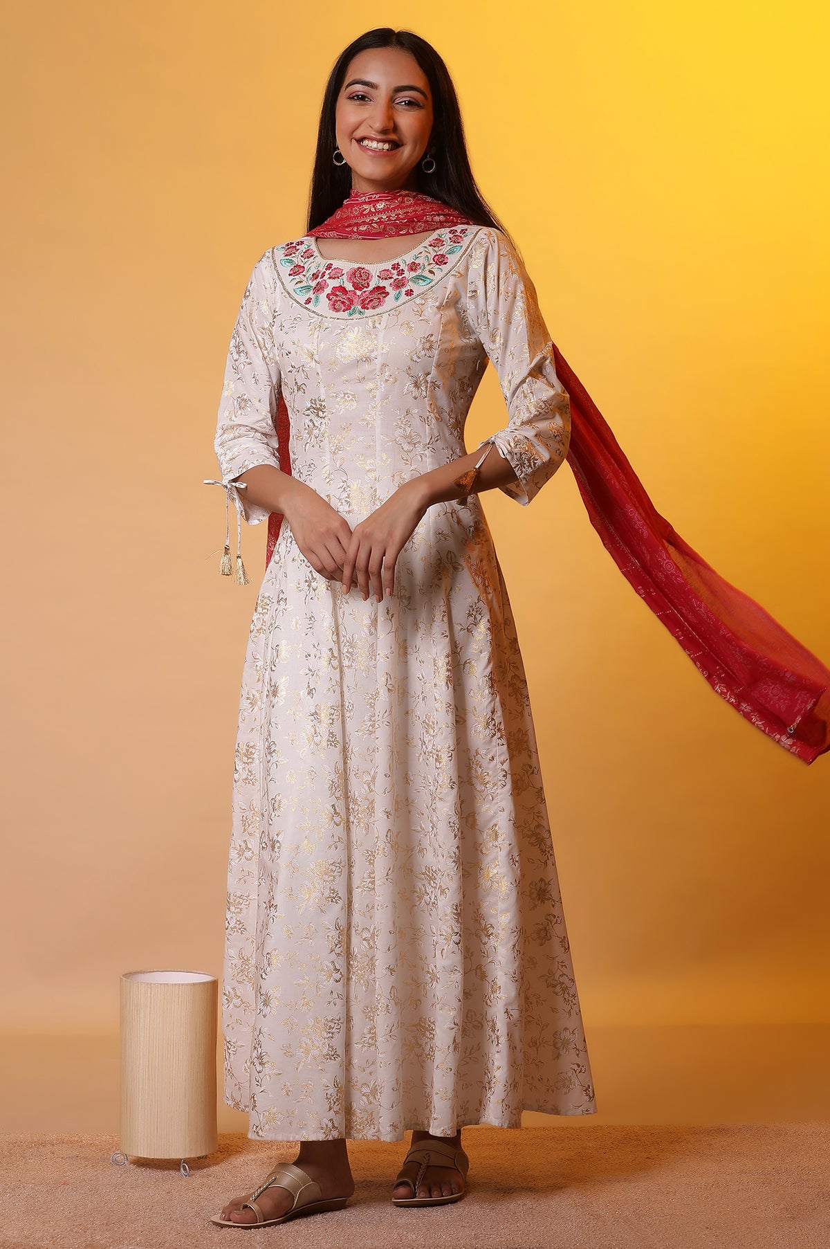 White Foil Printed Flared Kurta, Tights and Stole Set - S