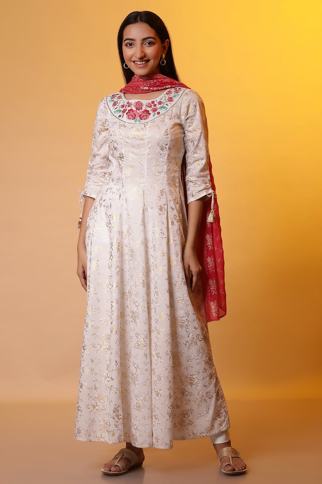 White Foil Printed Flared Kurta, Tights and Stole Set