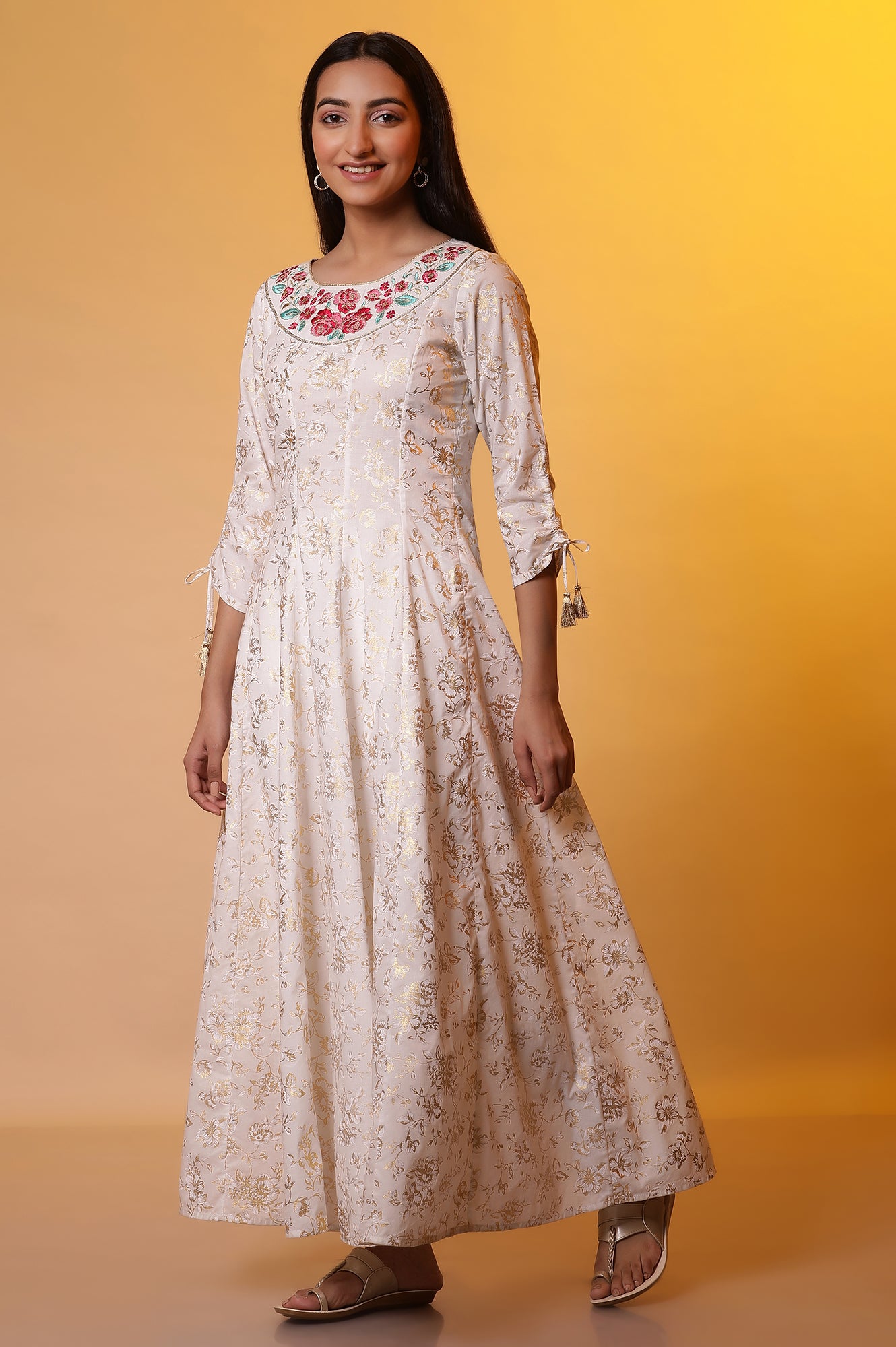 White Foil Printed Flared Kurta, Tights and Stole Set