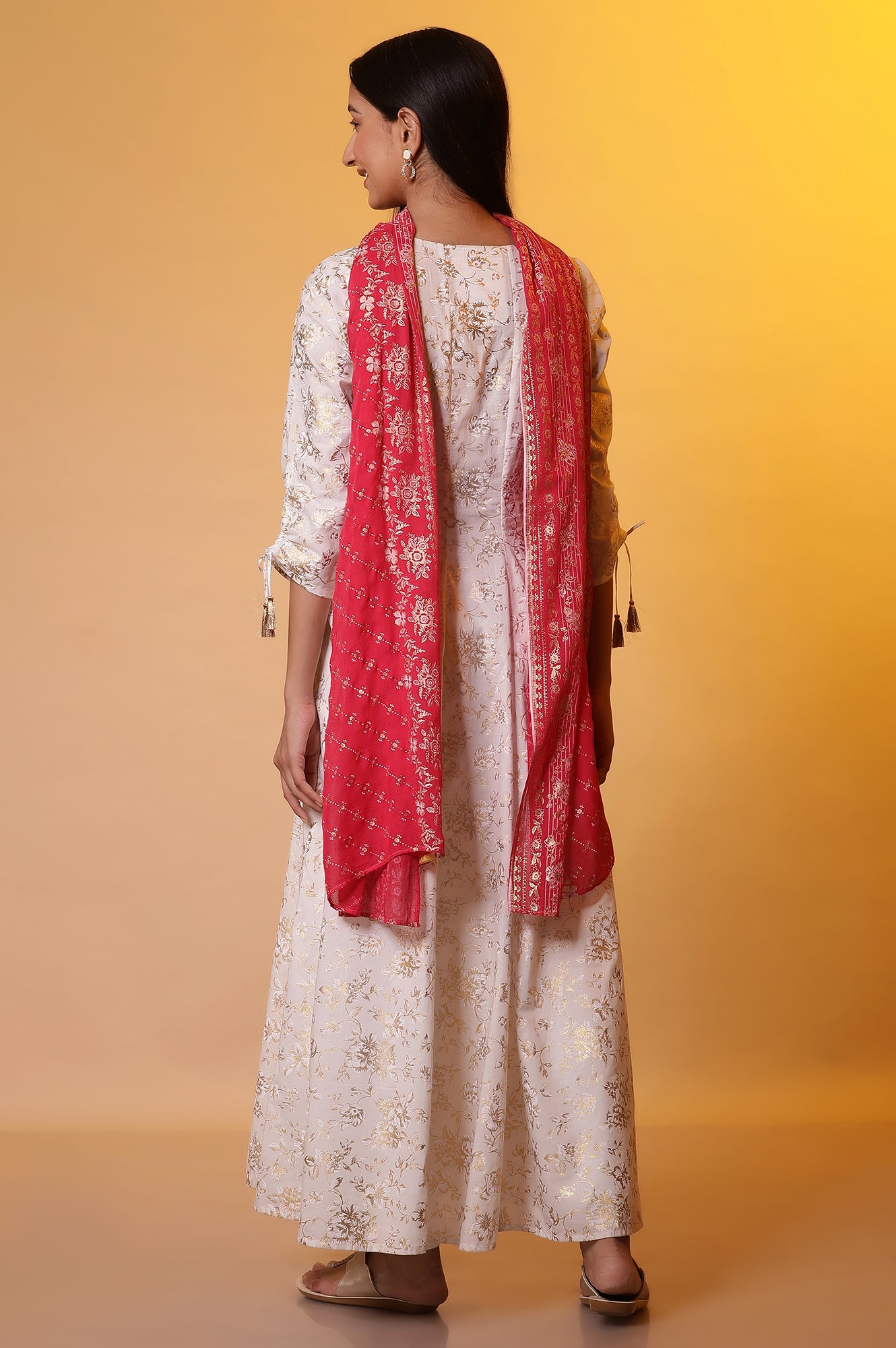 White Foil Printed Flared Kurta, Tights and Stole Set