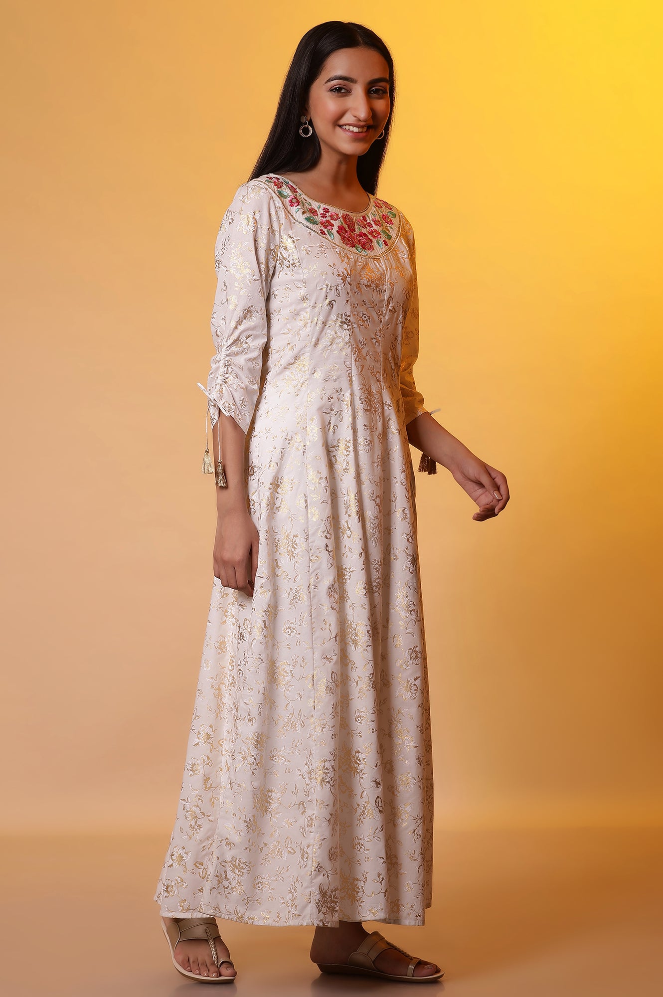 White Foil Printed Flared Kurta, Tights and Stole Set