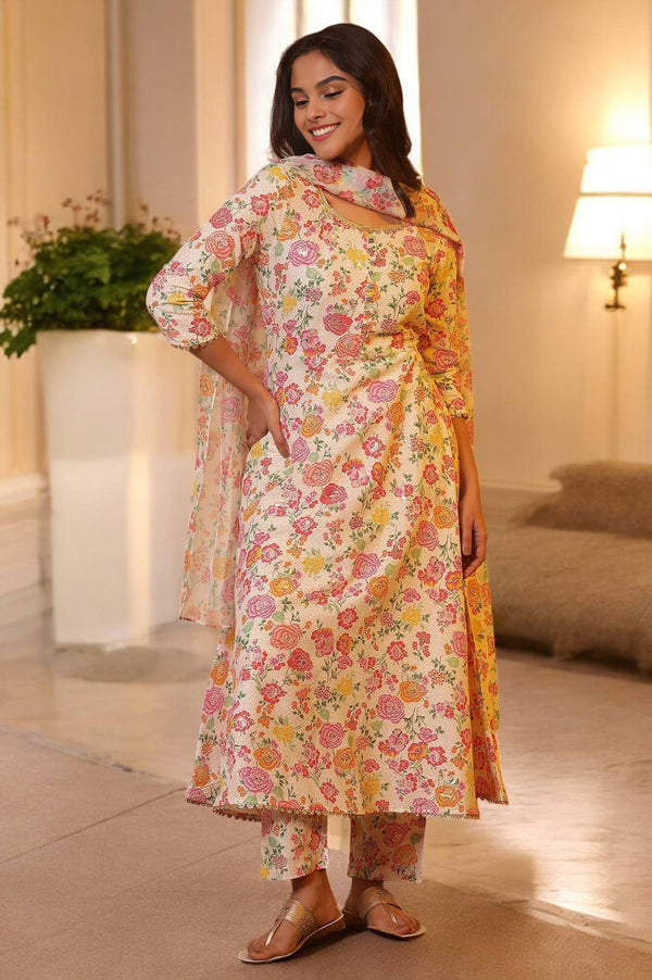 White Floral Printed Flared Kurta, Pants and Dupatta Set