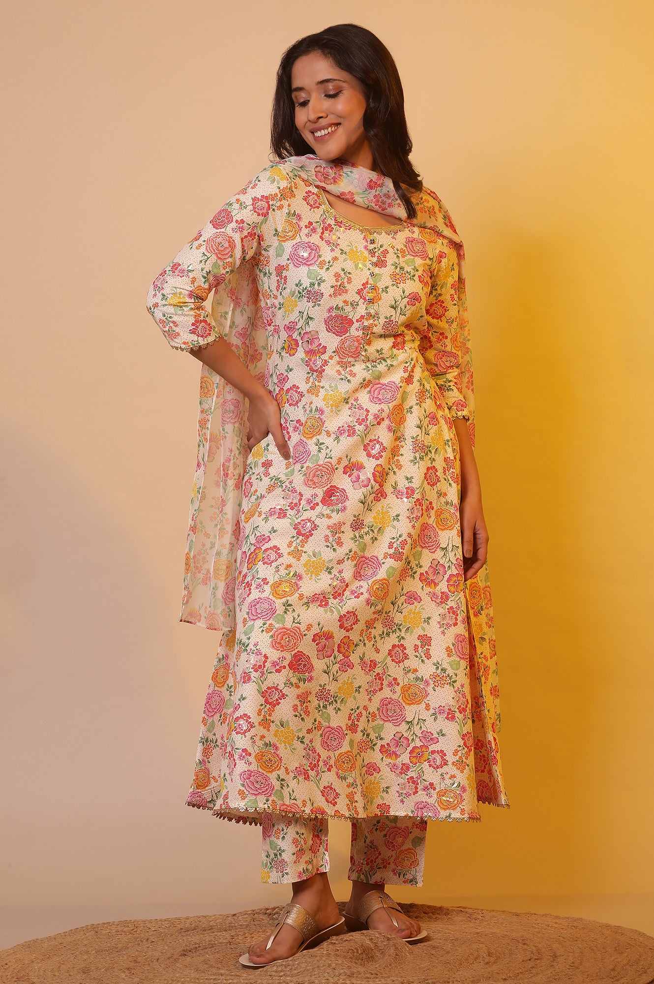 White Floral Printed Flared Kurta, Pants and Dupatta Set