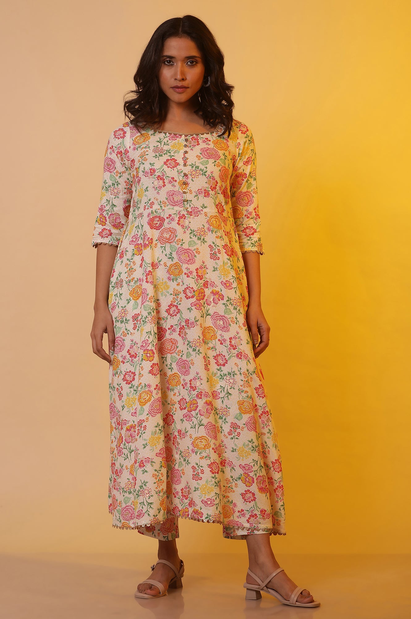 White Floral Printed Flared Kurta, Pants and Dupatta Set