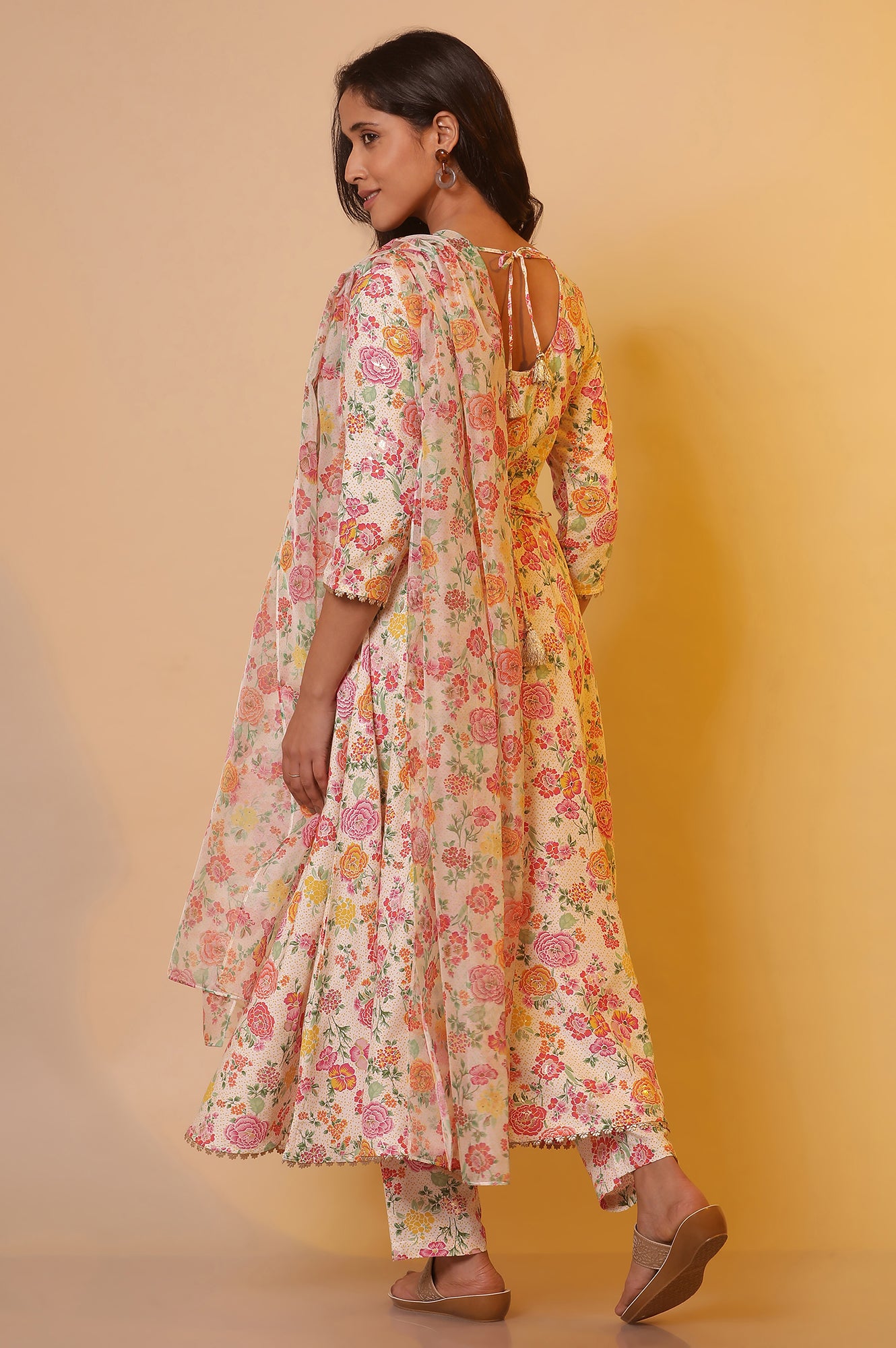 White Floral Printed Flared Kurta, Pants and Dupatta Set