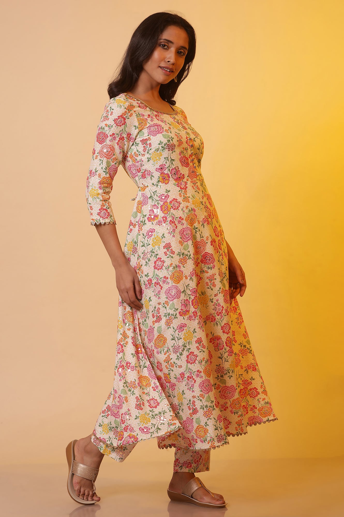 White Floral Printed Flared Kurta, Pants and Dupatta Set