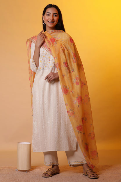 White Metallic Embroidery Kurta, Palazzo and Dupatta Set