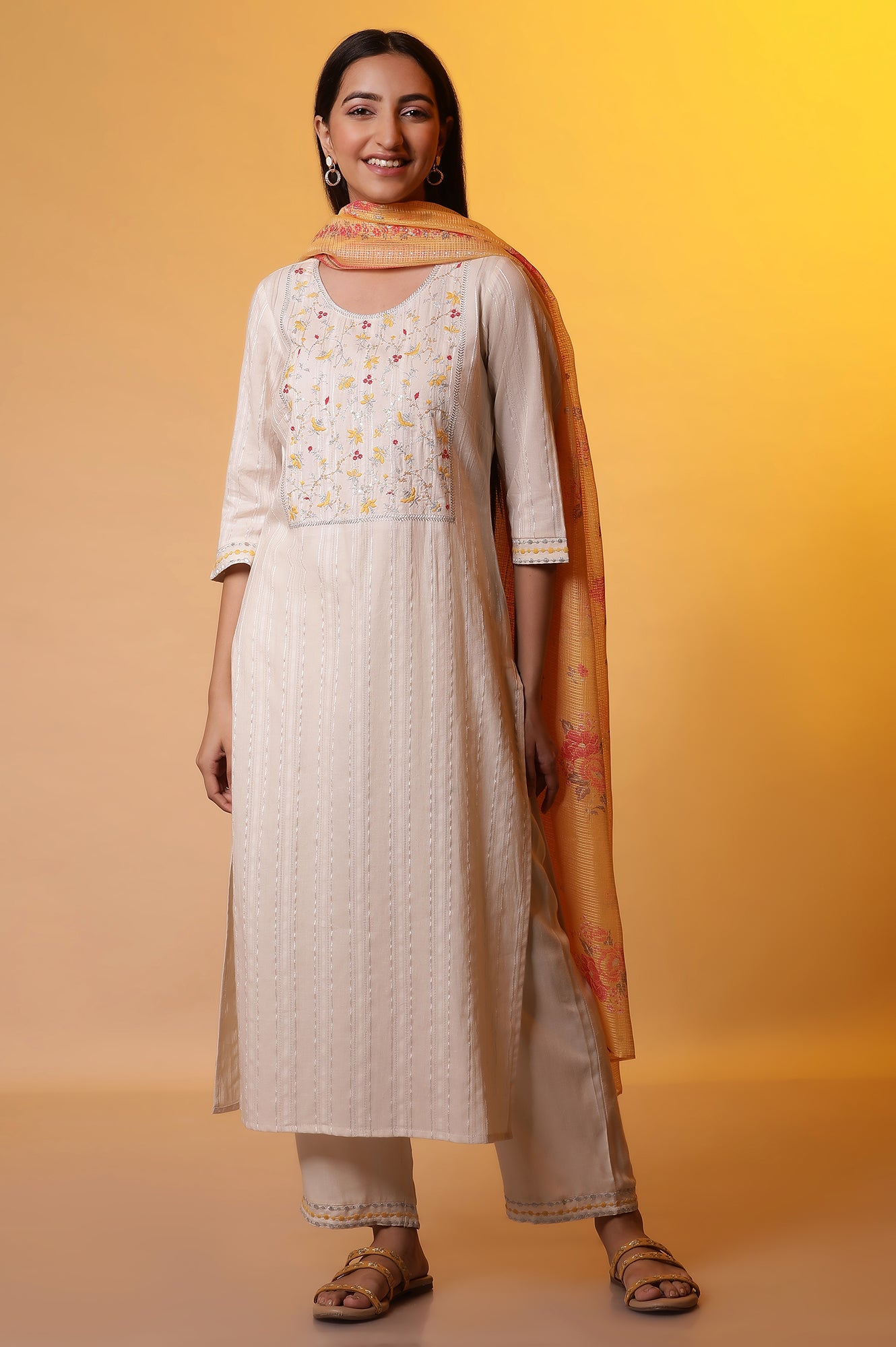 White Metallic Embroidery Kurta, Palazzo and Dupatta Set