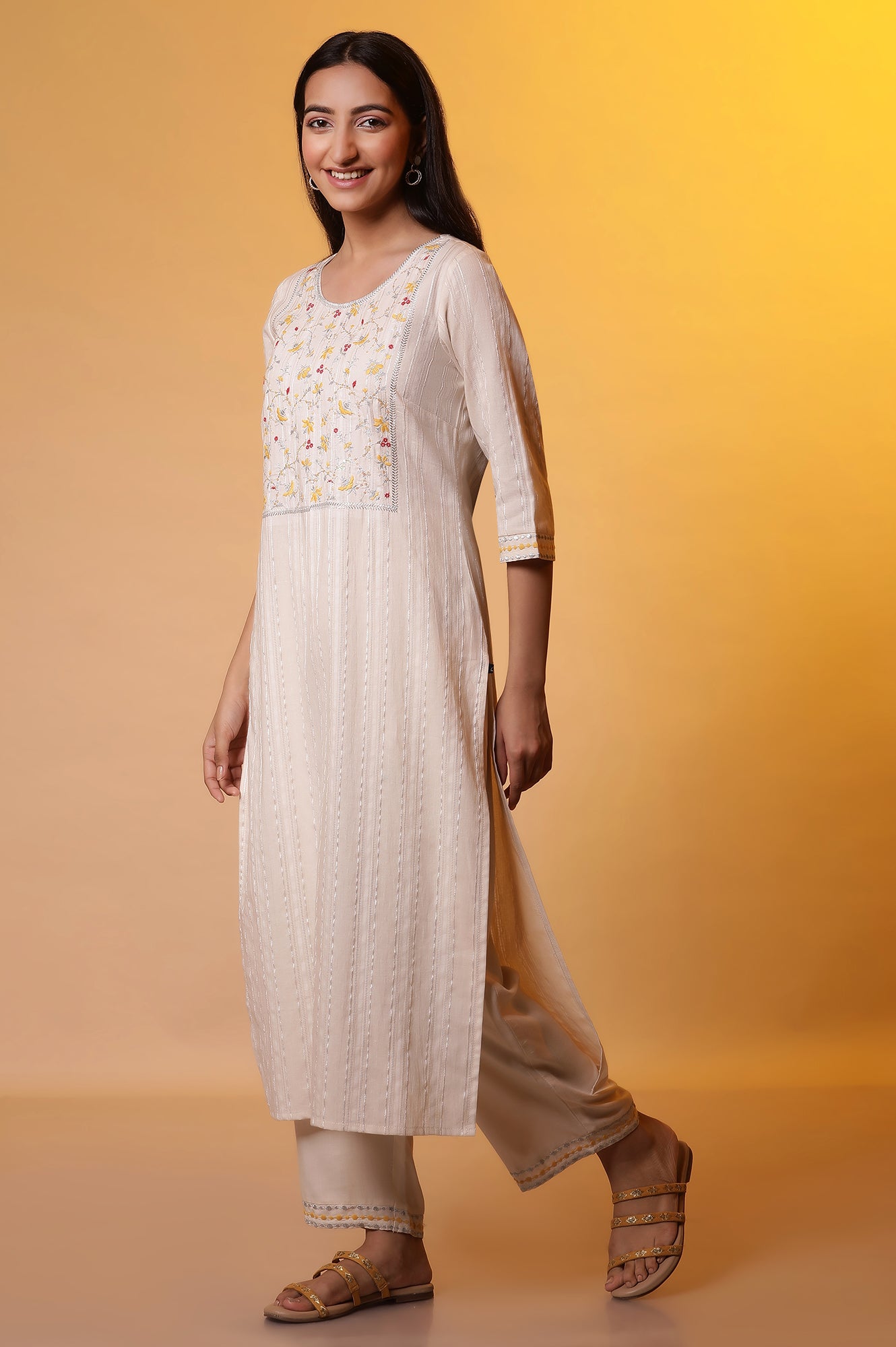 White Metallic Embroidery Kurta, Palazzo and Dupatta Set