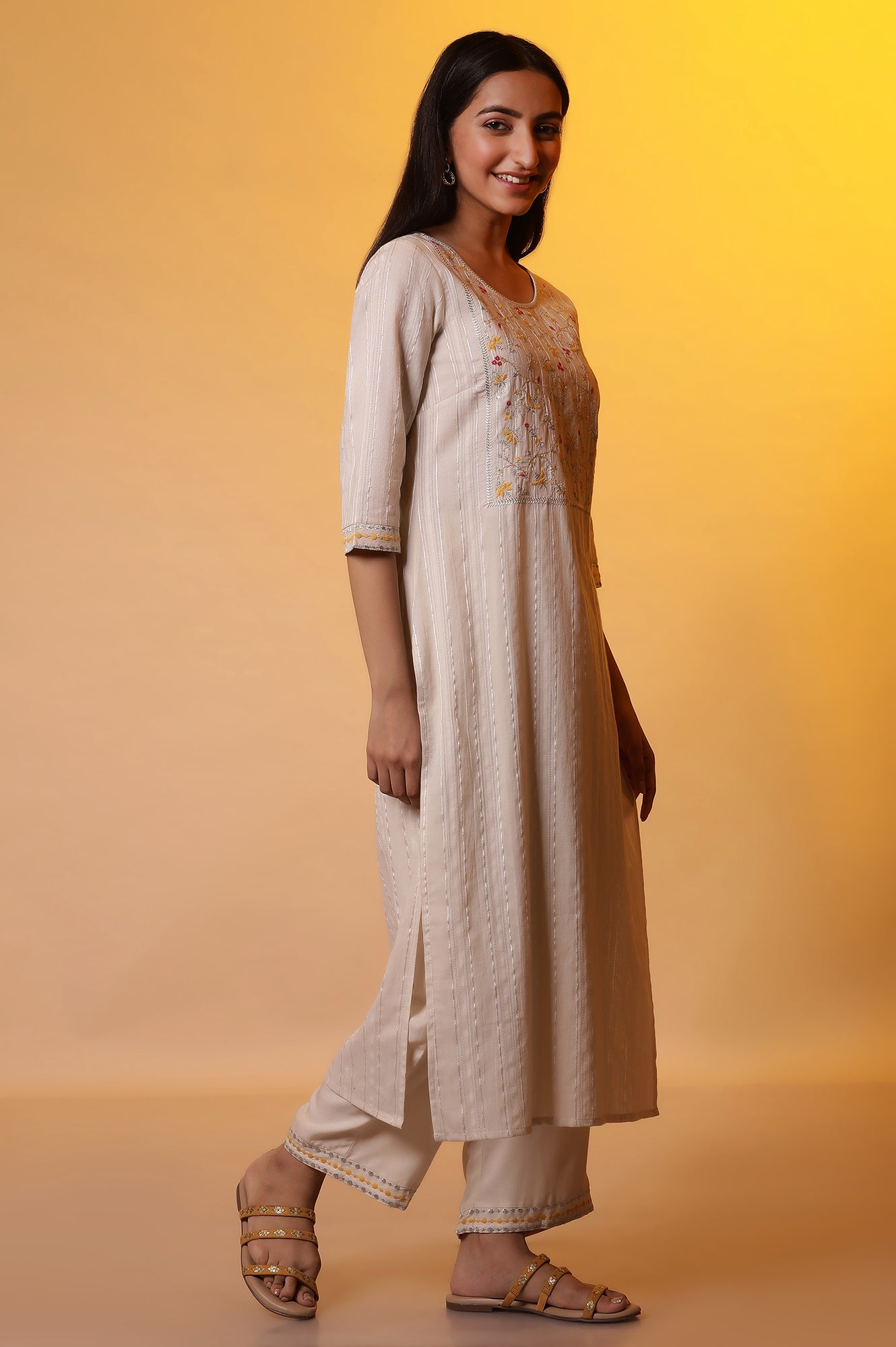 White Metallic Embroidery Kurta, Palazzo and Dupatta Set