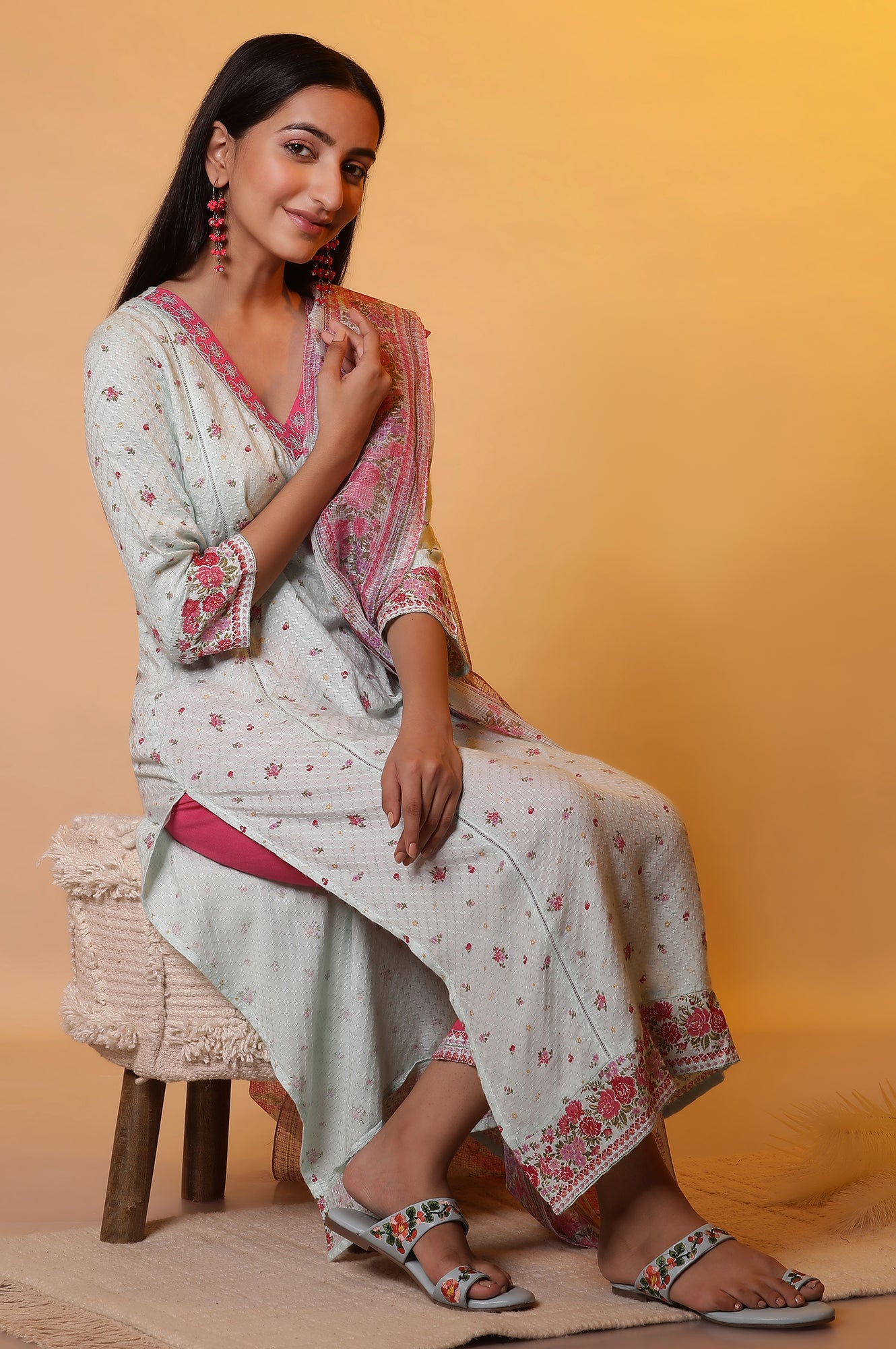 Blue Zari Embroidered Kurta, Pants and Kota Dupatta Set