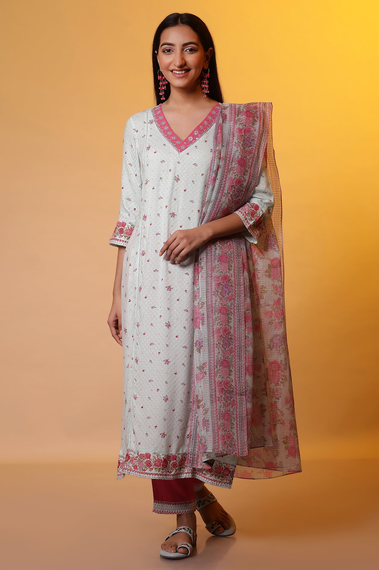 Blue Zari Embroidered Kurta, Pants and Kota Dupatta Set