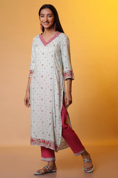 Blue Zari Embroidered Kurta, Pants and Kota Dupatta Set