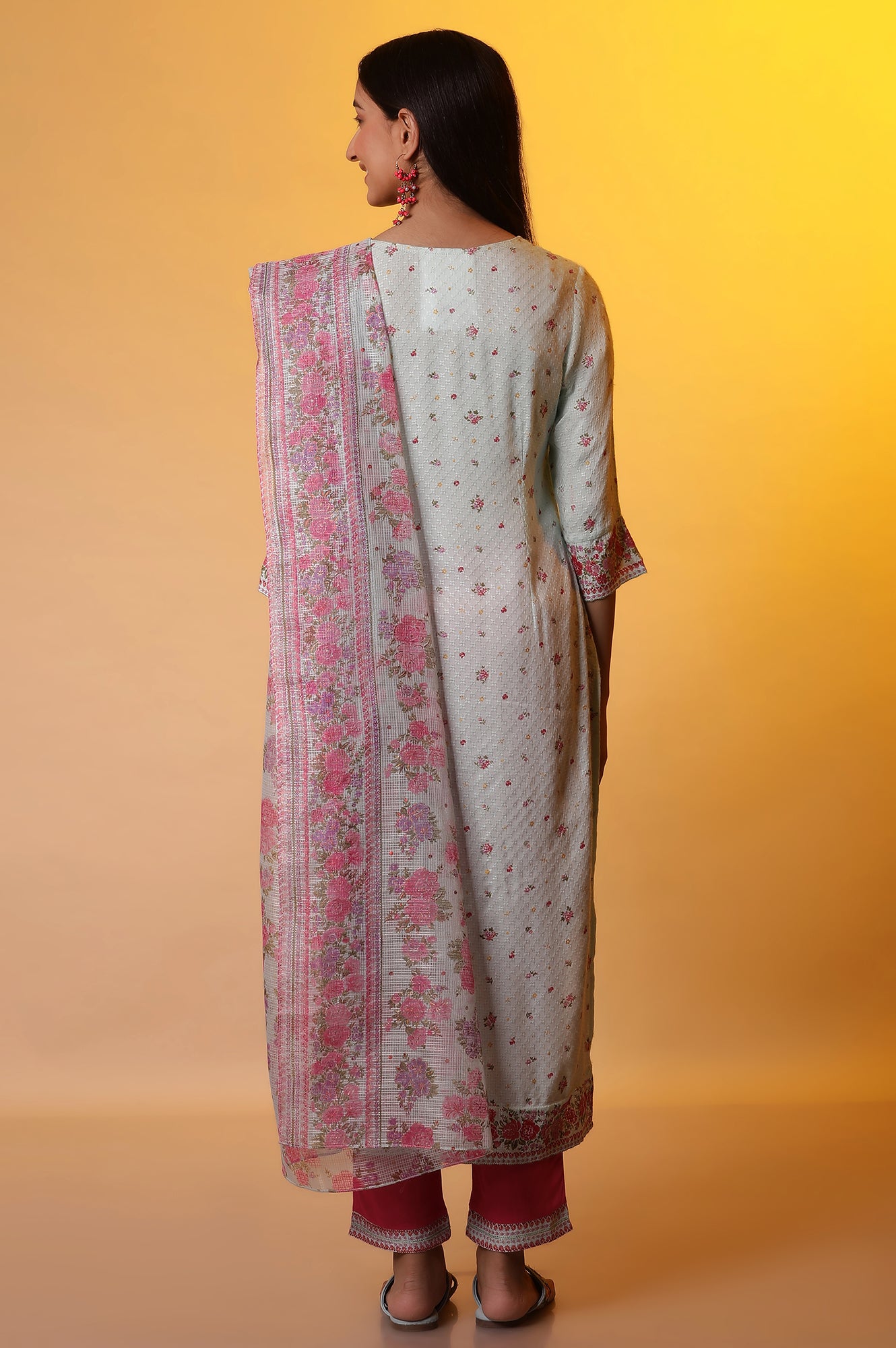 Blue Zari Embroidered Kurta, Pants and Kota Dupatta Set