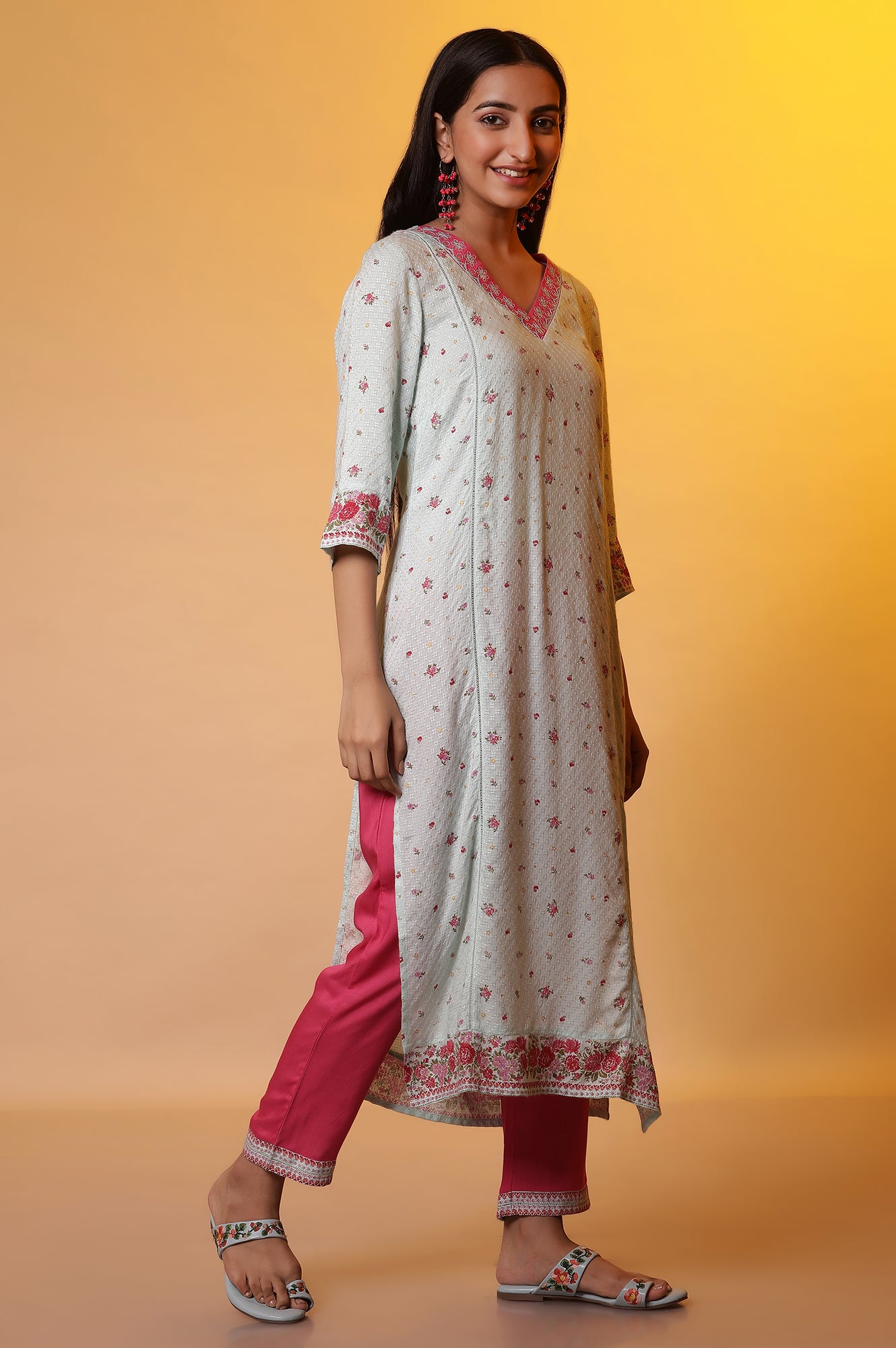 Blue Zari Embroidered Kurta, Pants and Kota Dupatta Set