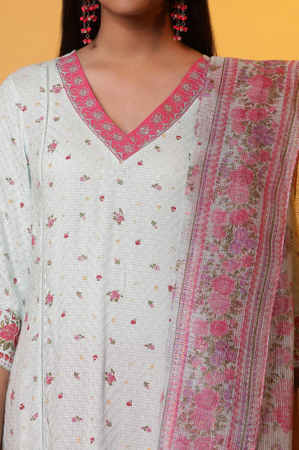 Blue Zari Embroidered Kurta, Pants and Kota Dupatta Set