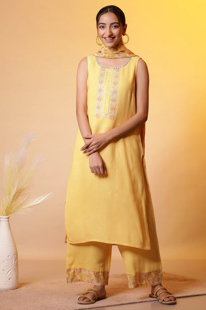 Yellow Metallic Embroidered Kurta, Palazzo and Kota Dupatta Set