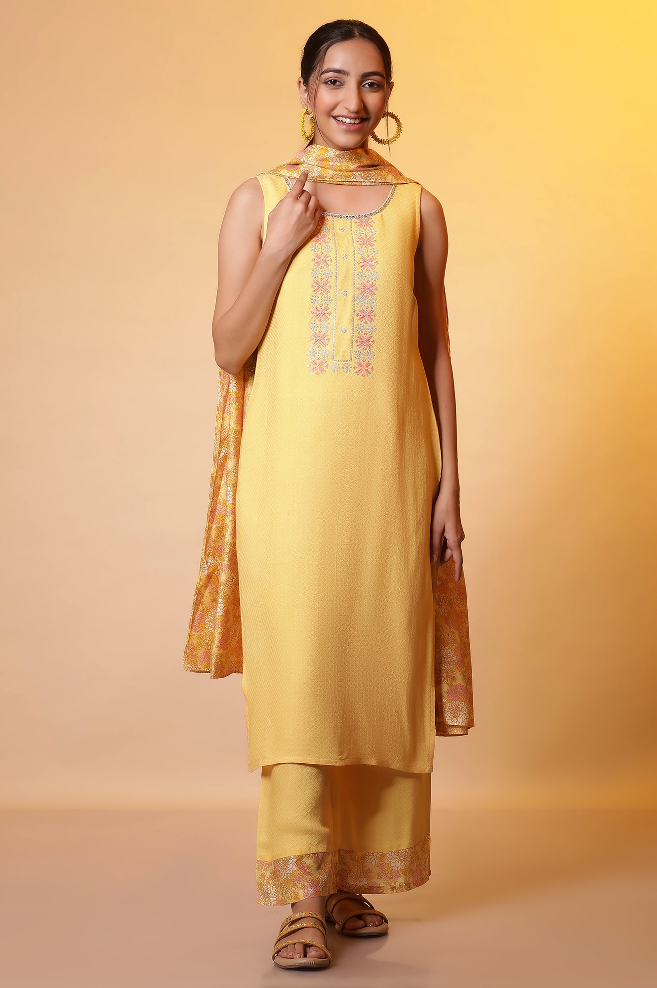 Yellow Metallic Embroidered Kurta, Palazzo and Kota Dupatta Set