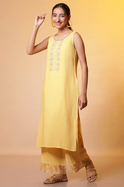 Yellow Metallic Embroidered Kurta, Palazzo and Kota Dupatta Set