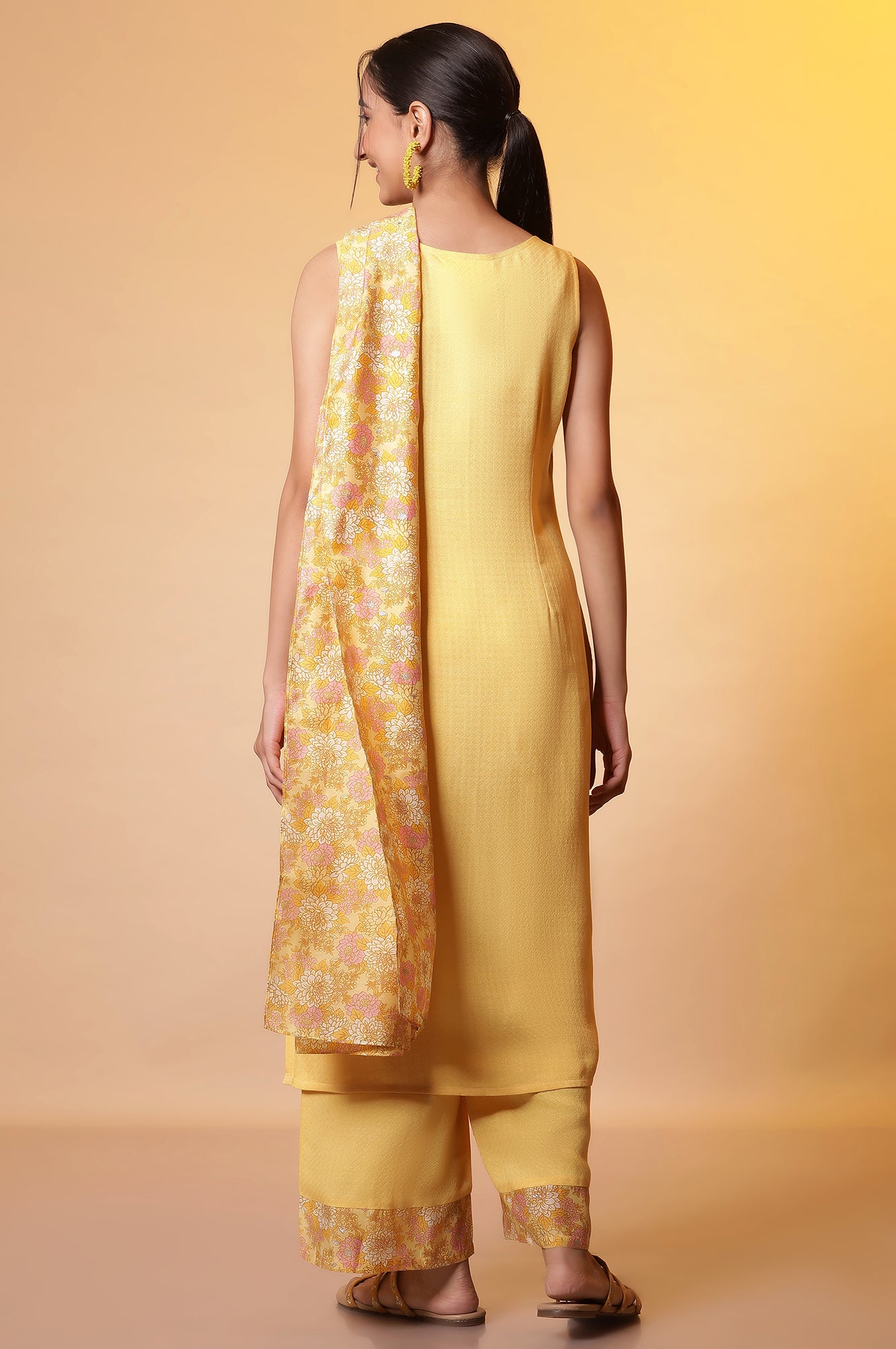 Yellow Metallic Embroidered Kurta, Palazzo and Kota Dupatta Set