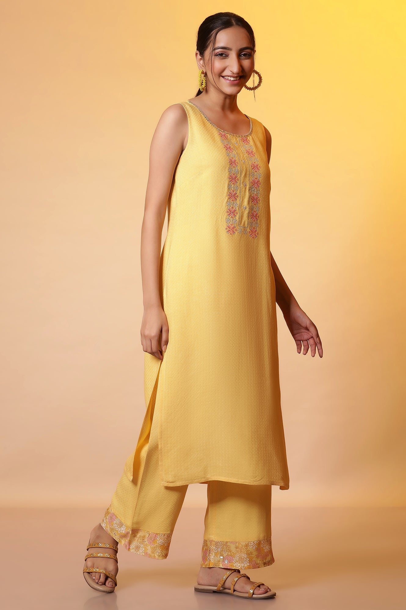 Yellow Metallic Embroidered Kurta, Palazzo and Kota Dupatta Set