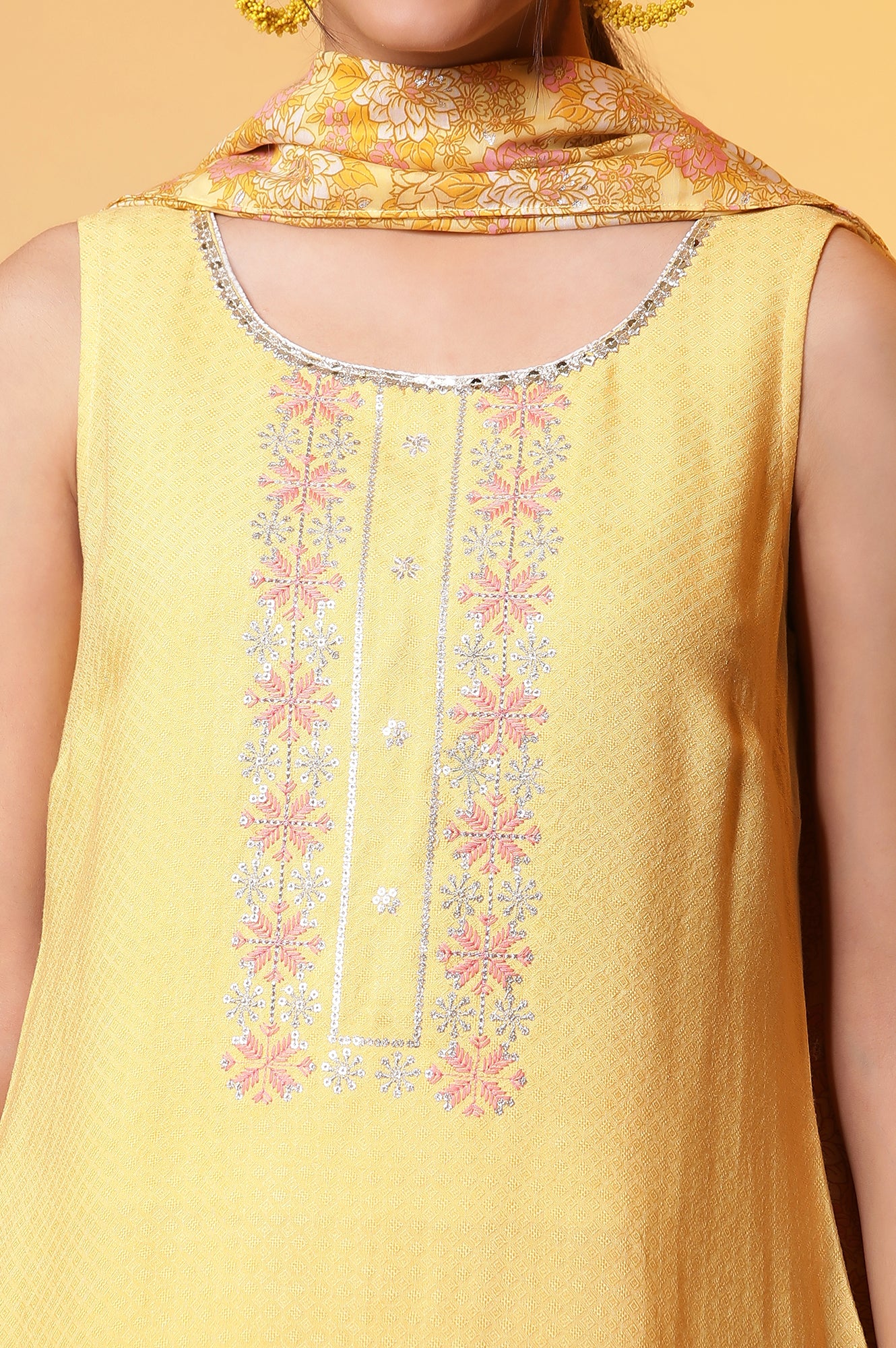 Yellow Metallic Embroidered Kurta, Palazzo and Kota Dupatta Set