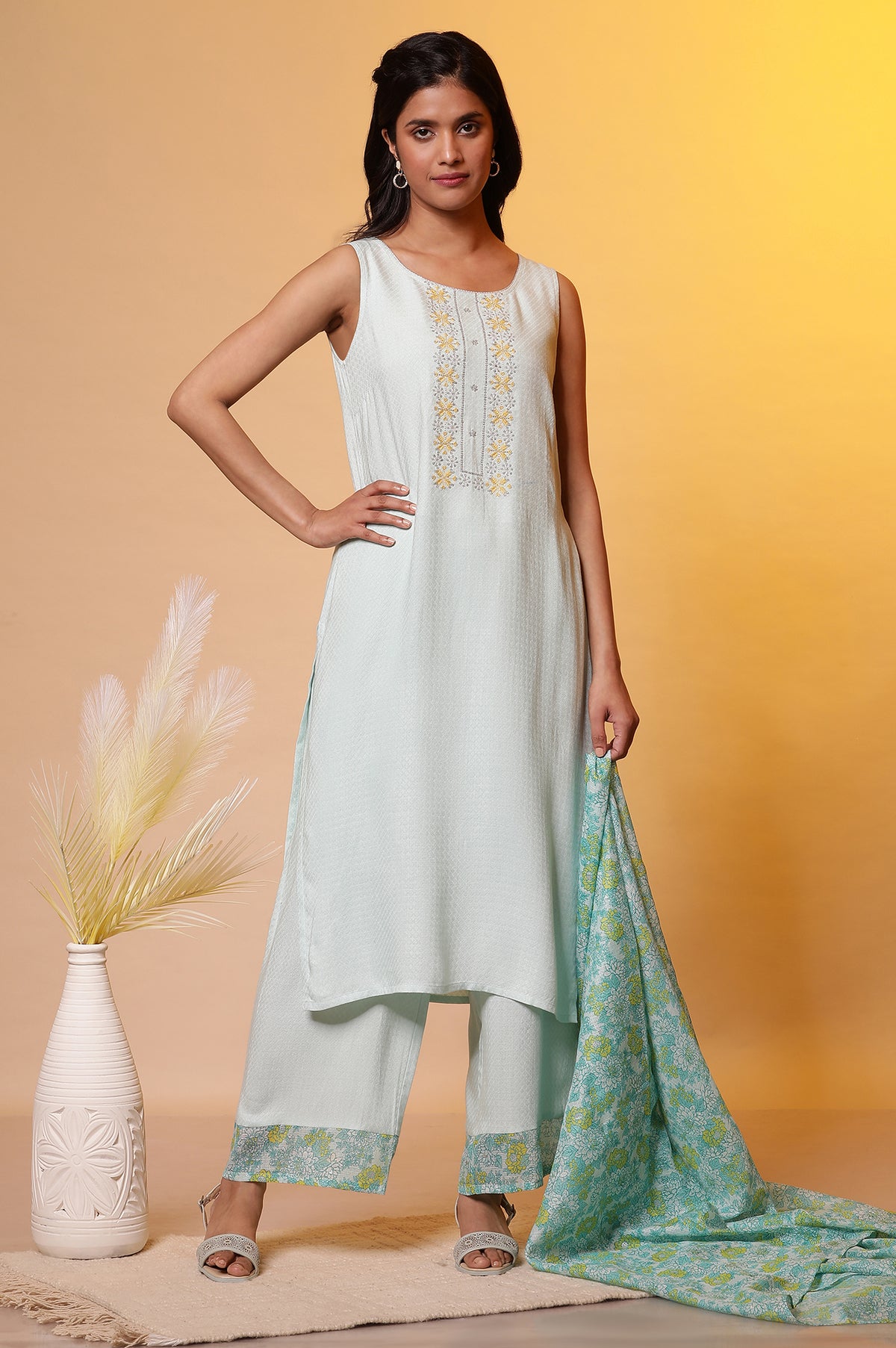 Mint Blue Embroidered Sleeveless Kurta, Palazzo and Dupatta - XS