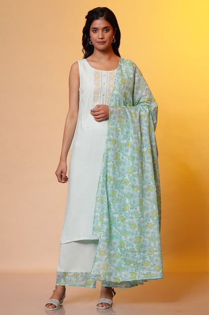 Mint Blue Embroidered Sleeveless Kurta, Palazzo and Dupatta