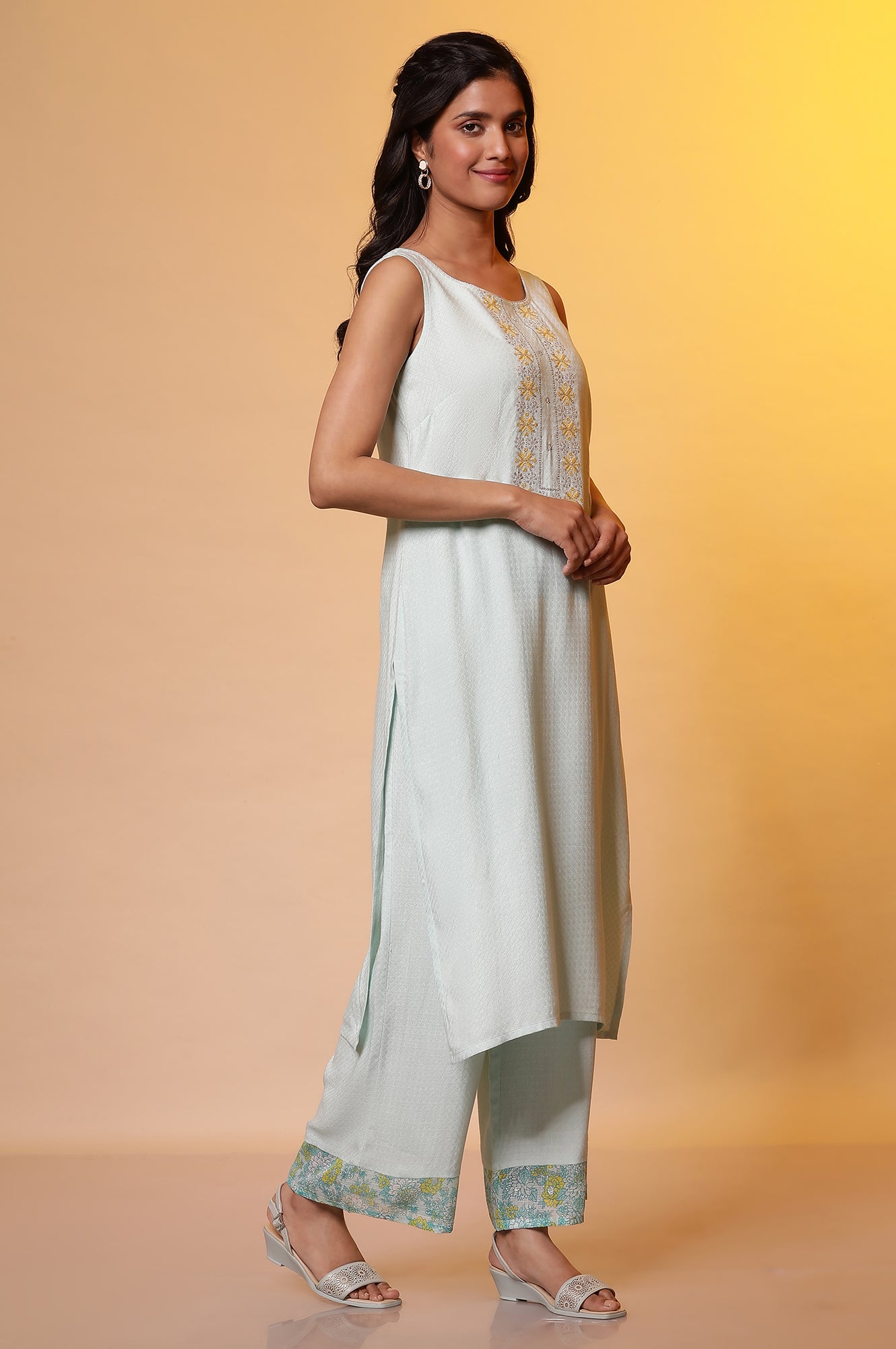 Mint Blue Embroidered Sleeveless Kurta, Palazzo and Dupatta