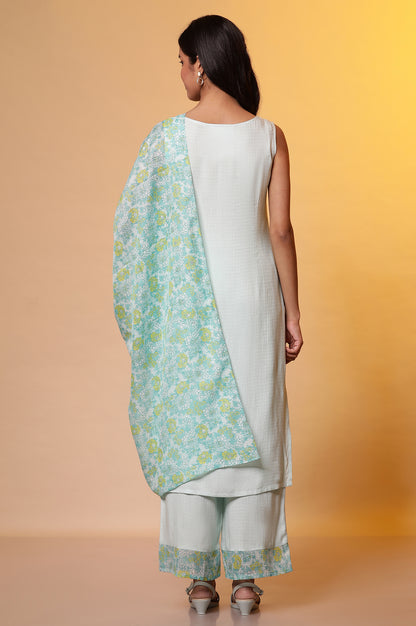 Mint Blue Embroidered Sleeveless Kurta, Palazzo and Dupatta