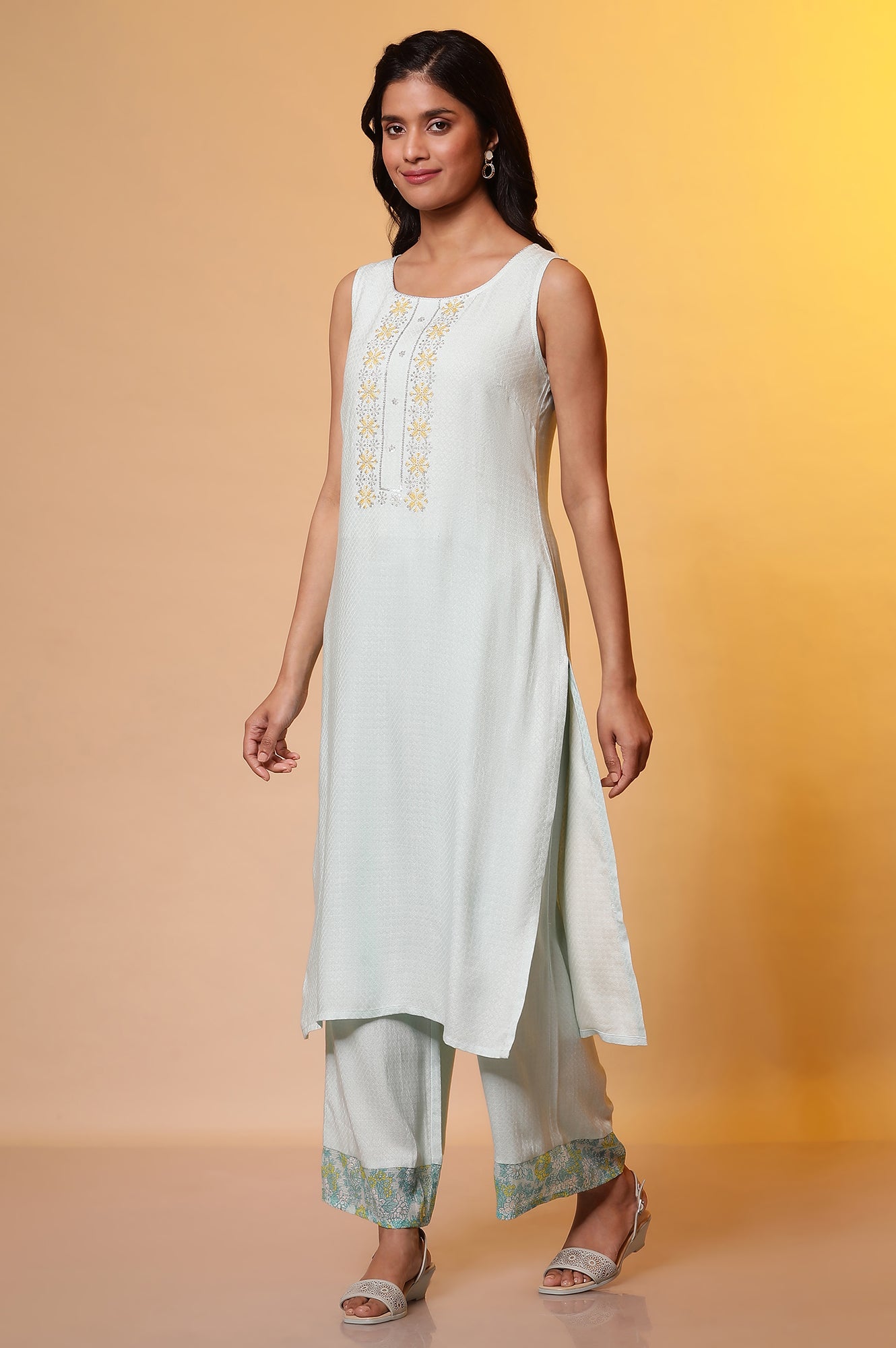 Mint Blue Embroidered Sleeveless Kurta, Palazzo and Dupatta