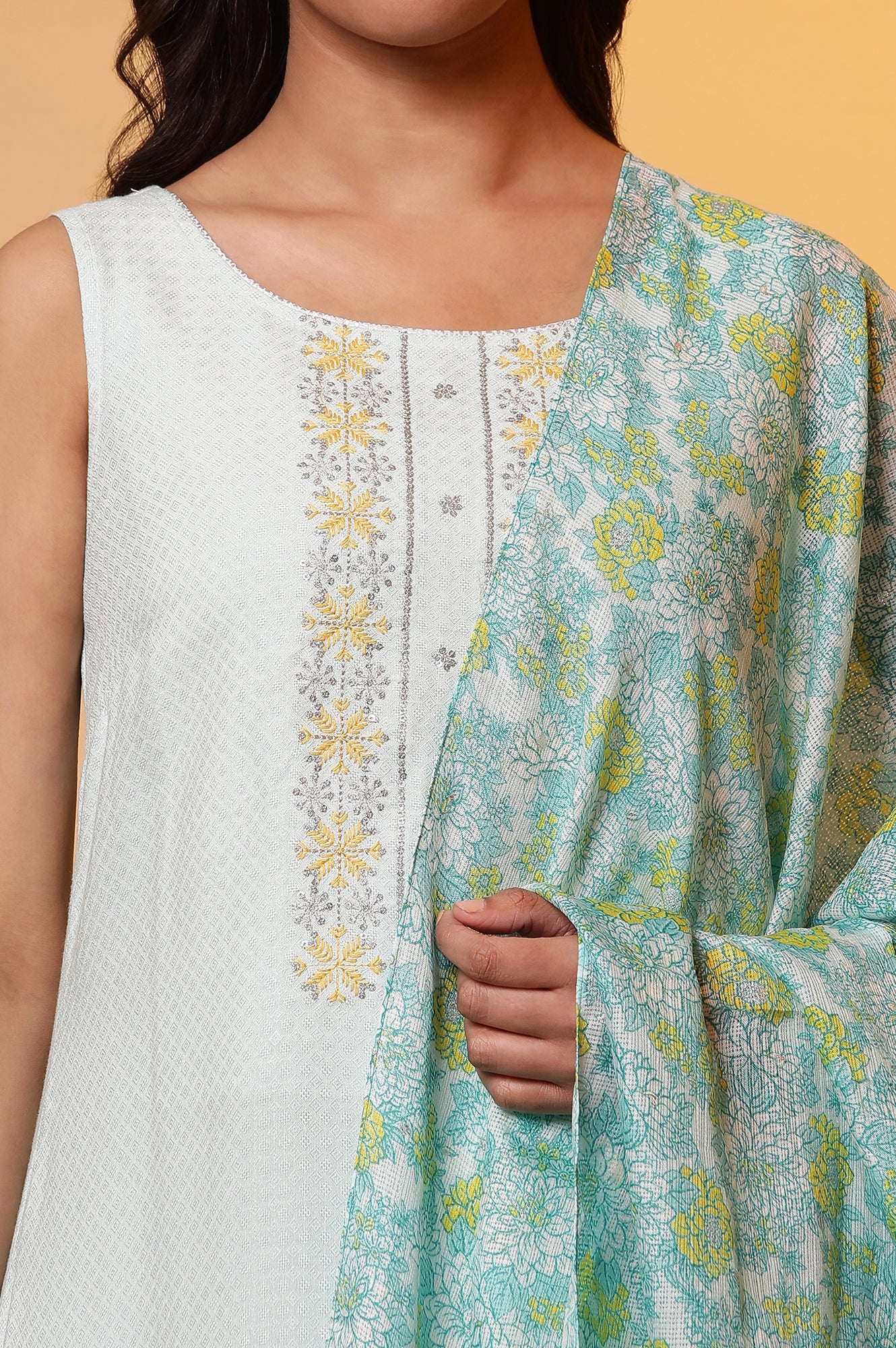 Mint Blue Embroidered Sleeveless Kurta, Palazzo and Dupatta