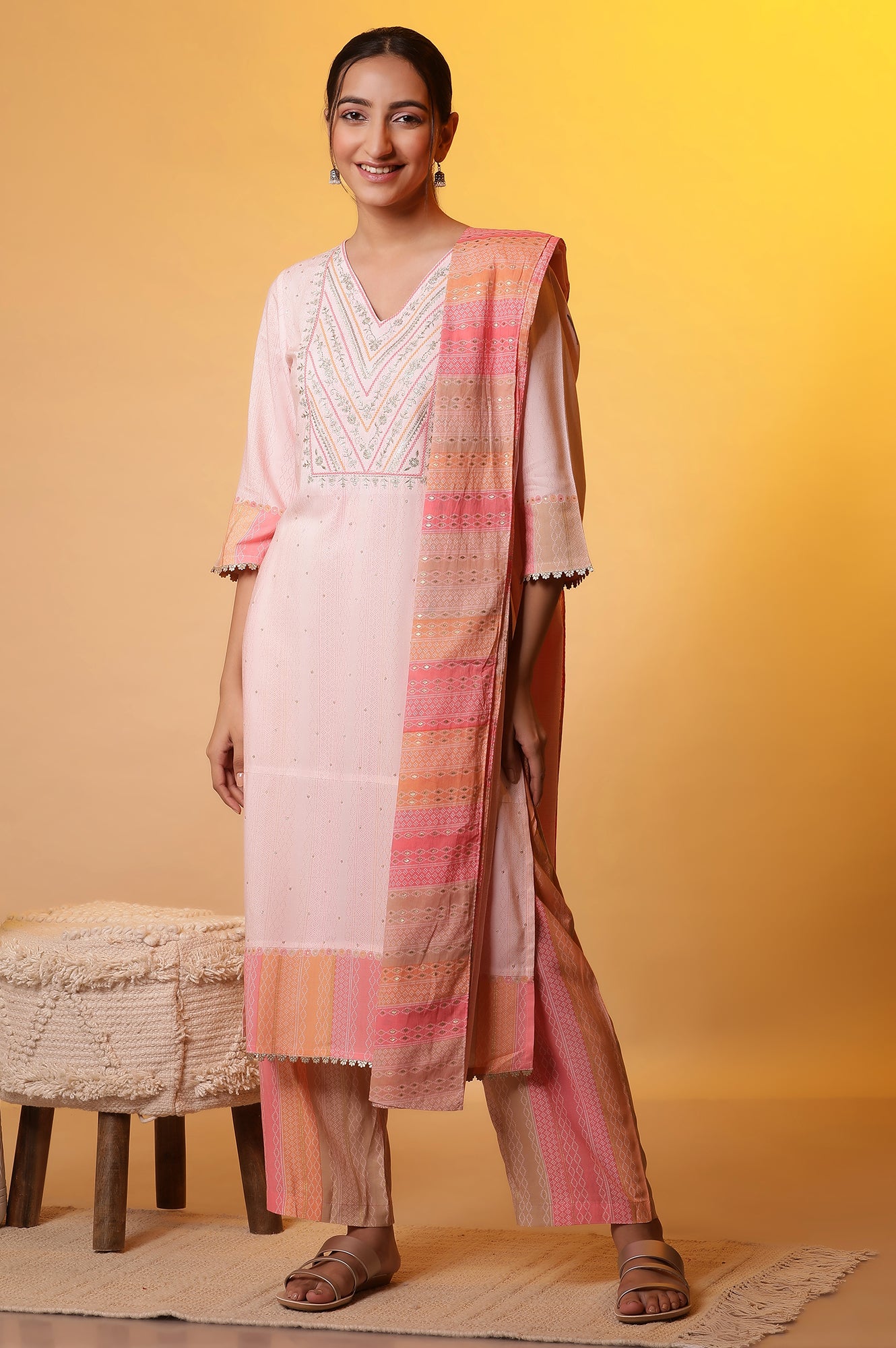 Pastel Pink Embroidered Kurta, Palazzo Pants and Dupatta Set